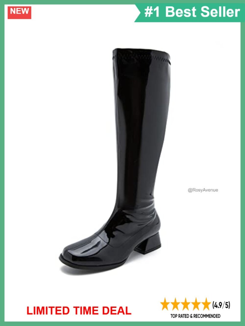 Knee High Gogo Boots Low Block Heel Side Zip Square Toe Patent Leather Women